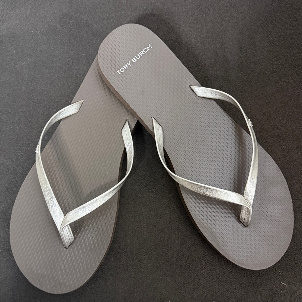TORY BURCH, Silver and Brown Flip Flops - Picture 2 of 6